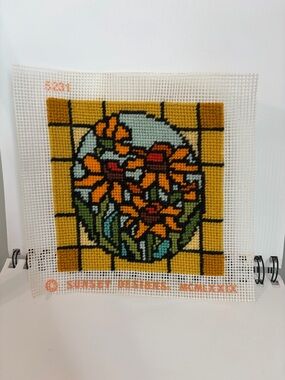 Vintage Sunset Designs Completed Orange Flower Stained Glass Needlepoint